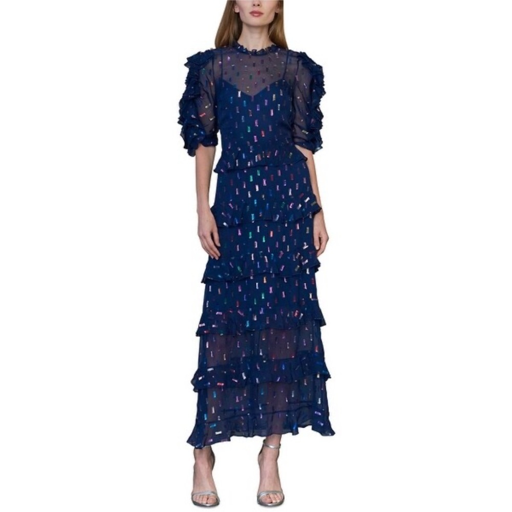 Monique Lhuillier Midi Puff Sleeve Ruffle Tiered Dresss